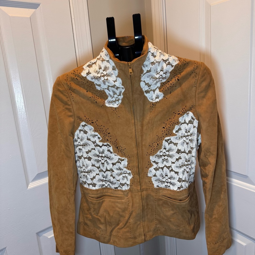 Neiman Marcus Leather Lace Jacket Tan Y2K Boho